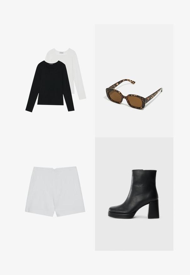 Divi ilgiem piedurknēm tops, viens melns un otrs balts, abiem ir kvadrāta izgriezums un tie ir izgatavoti no mīksta, elastīga auduma.; Baltas šorts ar pielāgotu dizainu, plakanu priekšpusi, divām sānu kabatām un tīru apdari. Izgatavoti no gludas auduma bez redzamām rakstām.; Melna ādas potīšu zābaku ar bloku papēdi un platformas zoli, skatīts no sāna uz vienkārša balta fona.; Tērpu apvalka saulesbrilles ar noapaļotu, masīvāku rāmi un brūnām lēcām. Satur smalkas rakstības un taisnas, sašaurinātas kājas.; Melnā somiņa ar strukturētu formu, gludu tekstūru un metālu sprādzi. Saskaņota ar platām melnām biksēm un sandālēm ar atvērtu purngalu uz koka grīdas.