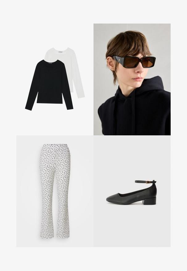 Kaks pikka varrukatoppi, üks must ja teine valge, mõlemad ruudukujulise kaelusega ja valmistatud pehmest, venivast kangast.; Valged püksid mustade täppidega, flared disain ja elastne vöökoht. Valmistatud kergetest, tekstuursetest kangast.; Must mustaapp, millel on terav nina ja madal blokk-kand. Omab pahkluu rihma koos kuldse tooni pandlaga. Sile tekstuur.; Mustad üledimensioneeritud päikeseprillid läikiva viimistlusega, ristkülikukujuline kuju, pruuni tooni läätsega ja kuldne logo detaili sagedatel.