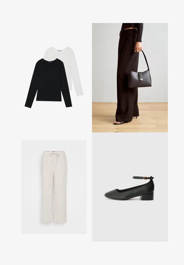 Kaks pikka varrukatoppi, üks must ja teine valge, mõlemad ruudukujulise kaelusega ja valmistatud pehmest, venivast kangast.; Kerged beezid linased püksid, millel on lõdvad lõiked, elastne vöökoht ja reguleeritav pael. Omab peenekoelist tekstuuri ja laia jalga.; Must mustaapp, millel on terav nina ja madal blokk-kand. Omab pahkluu rihma koos kuldse tooni pandlaga. Sile tekstuur.; Must musta kott, millel on struktureeritud kuju, sile tekstuur ja metallist klamber. Kombineeritud laiate mustade pükstega ja avatud varvaste sandaalidega puidust põrandal.