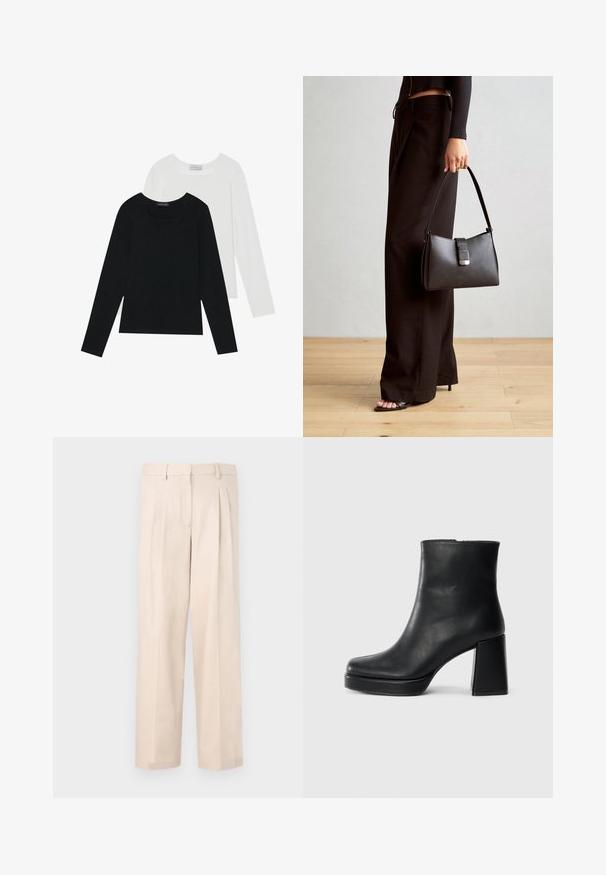 Zwei Langarmoberteile, eines schwarz und eines weiß, beide mit einem quadratischen Ausschnitt und aus weichem, dehnbarem Stoff.; Beige Hose mit Falten, aus glattem Stoff gefertigt. Sie verfügt über einen Bund mit Gürtelschlaufen und hat ein gerades Bein-Design, keine sichtbaren Taschen.; Schwarze Leder-Stiefelette mit Blockabsatz und Plattformsohle, seitlich auf einem schlichten weißen Hintergrund betrachtet.; Schwarze Handtasche mit strukturierter Form, glatter Textur und einem metallischen Verschluss. Kombiniert mit weiten schwarzen Hosen und offenen Sandalen auf einem Holzboden.