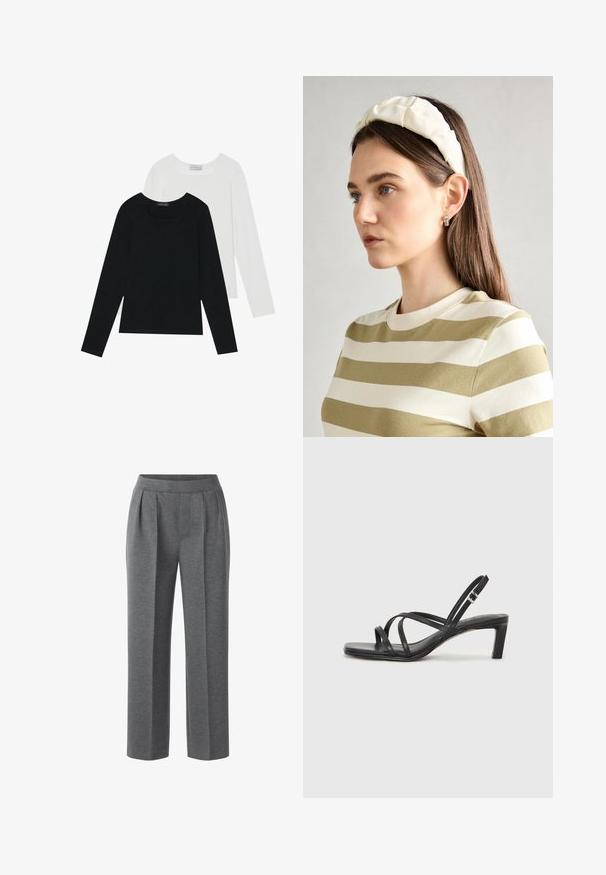 Două bluze cu mânecă lungă, una neagră și una albă, ambele având un guler pătrat și fiind confecționate dintr-un material moale și elastic.; Pantaloni plisati gri, fabricati dintr-un material moale. Au un front drept si picioare largi, oferind o potrivire relaxata. Fara accesorii sau detalii vizibile.; Sandal cu barete negre, cu vârf pătrat și toc mic de bloc. Prezintă mai multe barete subțiri și o bareta ajustabilă la gleznă. Fabricat din piele netedă.; Bandă de cap din material moale, de culoare crem, cu un design răsucit, purtată alături de o bluză în dungi bej și albă, cu guler rotund. Accente discrete din bijuterii.