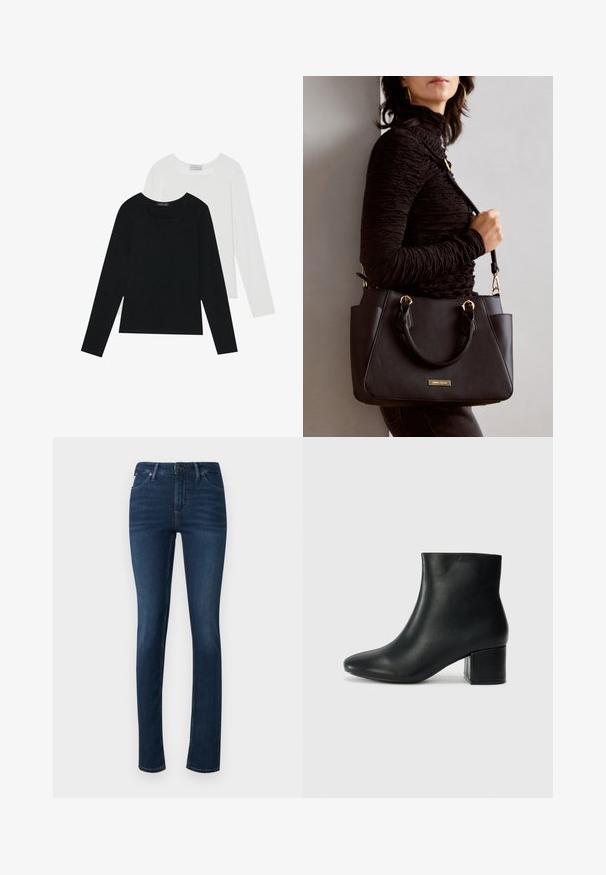 Dos camisetas de manga larga, una negra y otra blanca, ambas con escote cuadrado y confeccionadas en un tejido suave y elástico.; Jeans oscuros ajustados, hechos de mezclilla, con cinco bolsillos, cierre de botón y cremallera, y una cintura de altura media.; Botas de cuero negras hasta el tobillo con una punta afilada y un tacón grueso. Textura lisa con acentos mínimos y un diseño elegante y ajustado.; Bolso negro con superficie texturizada, doble asa superior y correa para hombro ajustable. Presenta herrajes en tono dorado y bolsillos laterales.