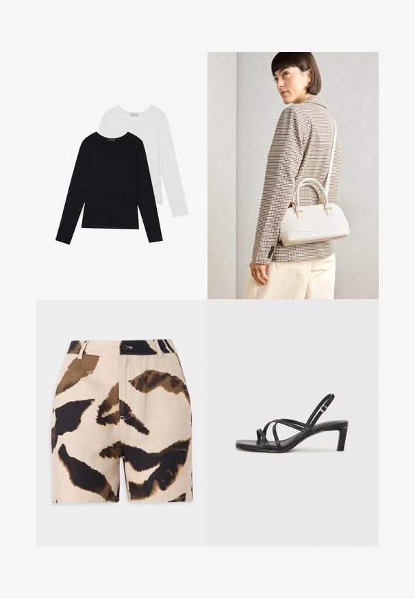 Dwie bluzki z długim rękawem, jedna czarna i jedna biała, obie z kwadratowym dekoltem i wykonane z miękkiego, elastycznego materiału.; Beżowe szorty z brązowym i czarnym abstrakcyjnym wzorem zwierzęcym, z zapinaniem na guzik, pętlami na pasek i teksturowanym materiałem.; Czarne sandały na obcasie z prostokątnym noskiem i niskim słupkowym obcasem. Posiadają wiele cienkich pasków i regulowany pasek na kostkę. Wykonane z gładkiej skóry.; Biała torebka o strukturalnym kształcie z krótkimi uchwytami i paskiem na ramię, z złotymi akcentami i teksturowanym materiałem, prezentowana na szarym tle.