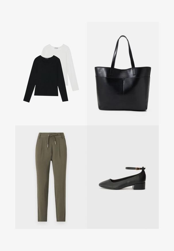 Dvě dlouhé rukávy, jedna černá a jedna bílá, obě s čtvercovým výstřihem a vyrobené z měkké a elastické látky.; Olivově zelené kalhoty se tapered střihem, s páskem na stažení, sklady a hladkým, lehkým textilním povrchem.; Černé kožené lodičky s špičatou špičkou a nízkým blokovým podpatkem. Obsahují pásek kolem kotníku se zlatou sponou. Hladký povrch.; Černá kožená taška s dlouhými ušima, hladkým povrchem a strukturovaným tvarem. Obsahuje přední kapsu pro další úložný prostor.