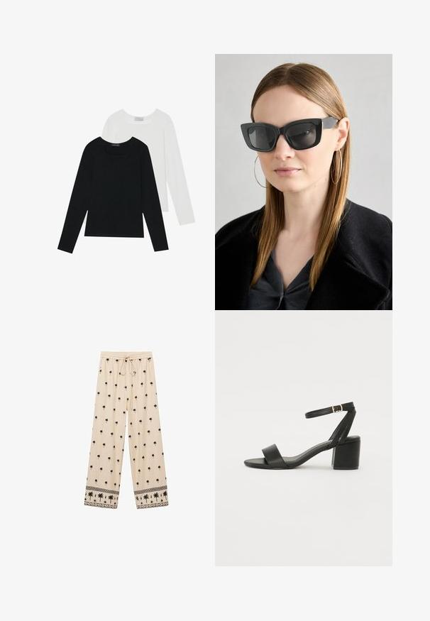 Kaksi pitkähihainen paitaa, yksi musta ja yksi valkoinen, molemmat neliönmallisella kaula-aukolla ja pehmeästä, joustavasta kankaasta valmistettu.; Beige leveled-hame yllätyspöksyt mustalla palmu-kuvioinnilla, joustava vyötärönyöri ja kontrastivärinen kuviorefliini helmassa.; Mustat korkokenkä-sandaalit, joissa on sileä nahkapinta, avoin varvas, leveät etuvarteen strapit ja säädettävä nilkkastrap, jossa on kultainen solkiyksityiskohta.; Mustan kissakuvioisen aurinkolasit tummilla linsseillä, paksuilla kehyksillä ja hillityillä yksityiskohdilla. Yhdistetty mustaan takkiin ja harmaaseen paitoihin, joissa on pitkät suorat hiukset.