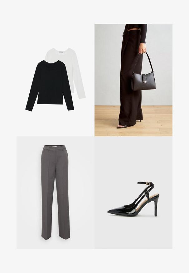 Két hosszú ujjú felső, az egyik fekete, a másik fehér, mindkettő négyzet alakú nyakkivágással rendelkezik, és puha, rugalmas anyagból készült.; Szürke, szabott nadrág egyenes lábbal, övhurkokkal és sima szövettextúrával. Nincsenek látható minták vagy díszítések.; Fekete lakkbőr magassarkú, slingback cipő, hegyes orral, állítható bokapánttal és nyitott oldalakkal. Simító felület.; Fekete kézi táska strukturált formával, sima textúrával és fémből készült záródással. Széles fekete nadrággal és nyitott orrú szandállal párosítva, fából készült padlón.
