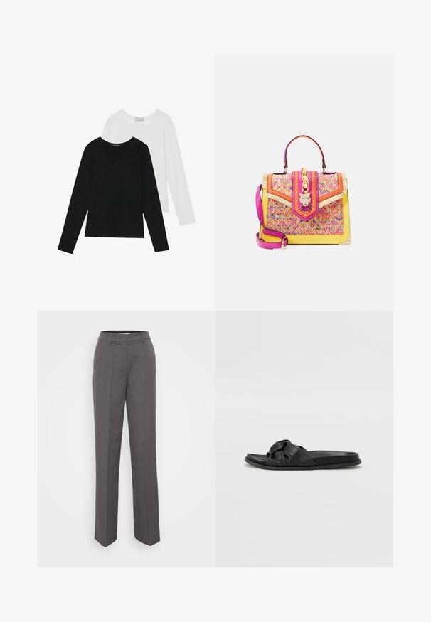 Divi ilgiem piedurknēm tops, viens melns un otrs balts, abiem ir kvadrāta izgriezums un tie ir izgatavoti no mīksta, elastīga auduma.; Pelēki piegriezti bikses ar taisnu kāju dizainu, jostas cilpas un gludu auduma tekstūru. Nav redzamu rakstu vai rotājumu.; Melnas slīdēšanas sandalītes, izgatavotas no mīkstas ādas ar mezglotu siksnu dizainu. Plakans zole, gluda tekstūra un minimālisma stils.; ALDO Rokassoma - pink/multi-coloured