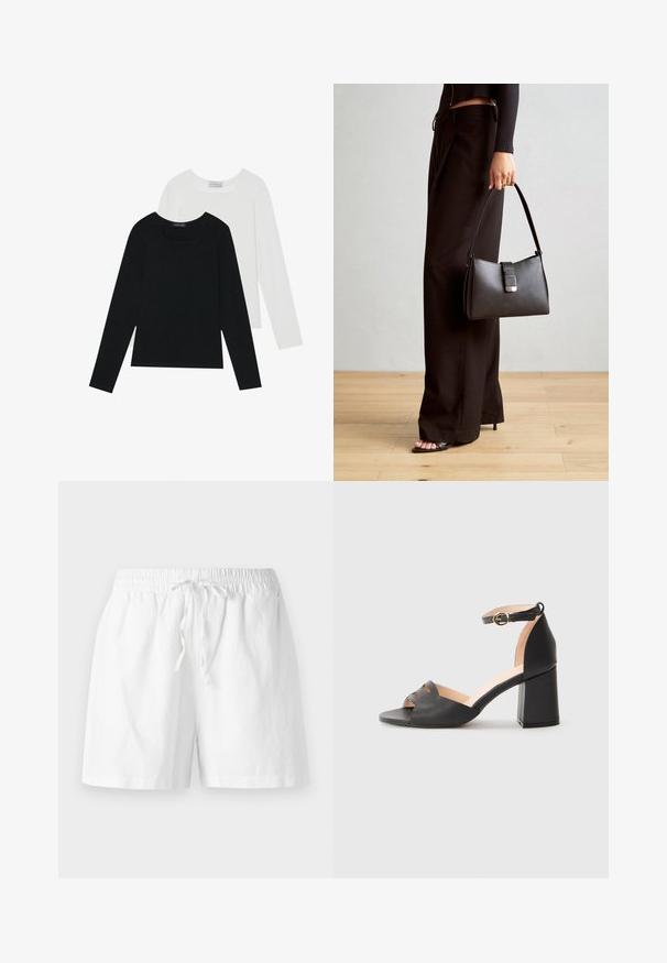 Two long-sleeve tops, one black and one white, both featuring a square neckline and made from soft, stretchy fabric.; White cotton shorts with an elastic waistband, drawstring detail, and a relaxed fit. Smooth texture and knee-length design.; Black leather open-toe sandal with block heel and ankle strap featuring a gold buckle on a plain light background.; Black handbag with structured shape, smooth texture, and a metallic clasp. Paired with wide black pants and open-toe sandals on wooden floor.