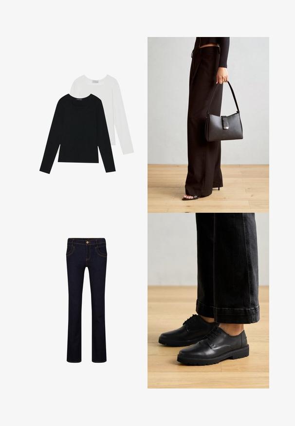 Dva dolga rokava, en črn in en bel, oba z kvadratnim izrezom in narejena iz mehkega, raztegljivega materiala.; Temno modri traper hlače z ravnim krojem, s rumenim šivanjem, petimi žepi in kovinskim gumbom za zapiranje v pasu.; Črne usnjene čipkaste čevlje z gladko teksturo, zaobljenim nosom in debelim gumijastim podplatom, v kombinaciji z skrajšanimi temnimi džinsami.; Črna torbica z strukturirano obliko, gladko teksturo in kovinskim zaponko. Ujemajo se z širokimi črnimi hlačami in odprtimi sandali na lesenem tleh.