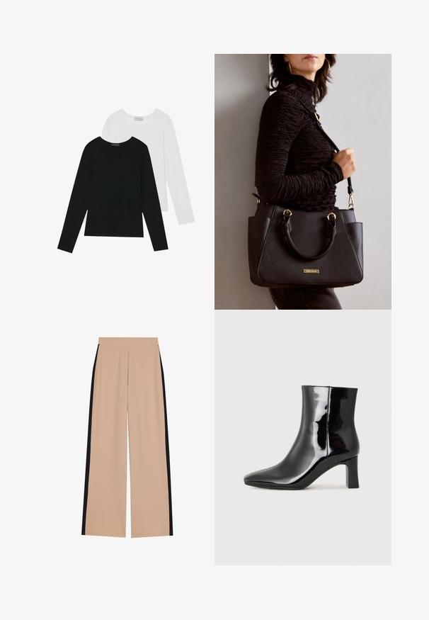 Twee shirts met lange mouwen, één zwart en één wit, beide met een vierkante halslijn en gemaakt van zacht, rekbaar materiaal.; Beige wijde broek met een soepele textuur, voorzien van zwarte zijkanten. De tailleband is elastisch voor comfort en gemakkelijke draagbaarheid.; Zwarte gepolijste leren enkellaars met een spitse neus en een blokhak van gemiddelde hoogte. Glad textuur en minimalistisch ontwerp.; Zwarte handtas met gestructureerd oppervlak, dubbele bovenhandvatten en verstelbare schouderriem. Voorzien van goudkleurige hardware en zijzakken.