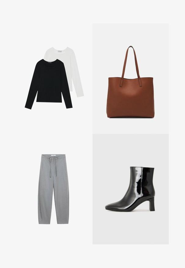 Dva dolga rokava, en črn in en bel, oba z kvadratnim izrezom in narejena iz mehkega, raztegljivega materiala.; Sive, široke hlače iz teksturirane tkanine z vrvico za prilagajanje v pasu in dvema sprednjima žepoma; kroj vrhunske zasnove z minimalističnim stilom.; Črne lakirane gležnjarje z ošiljenim nosom in srednje visokim blokastim peto. Gladka tekstura in minimalističen dizajn.; Rjava usnjena torba z gladko teksturo, odprto zasnovo zgoraj in dvema naramnima trakovoma. Opremljena je z minimalnim šivanjem in brez vidnih kovinskih delov.