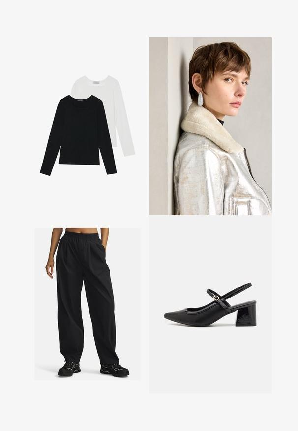 Twee shirts met lange mouwen, één zwart en één wit, beide met een vierkante halslijn en gemaakt van zacht, rekbaar materiaal.; Zwarte, ruime broek van lichtgewicht stof met een elastische tailleband, voorzien van zijzakken en een gladde textuur.; Zwarte gepolijste leren slingback hakken met een spitse neus, een ronde uitsnede en een blokhak. Voorzien van een gouden gespaccent.; Zilveren metalen leren jas met een schapenwollen kraag, voorzien van een ritssluiting en een gestructureerd oppervlak. Grote druppelvormige oorbellen met heldere edelstenen.