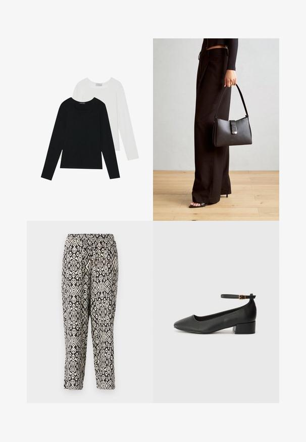 Two long-sleeve tops, one black and one white, both featuring a square neckline and made from soft, stretchy fabric.; Black and cream patterned pants. Features an elastic waistband and a repeating geometric design with diamonds and floral motifs.; Black leather pump with a pointed toe and a low block heel. Features an ankle strap with a gold-tone buckle. Smooth texture.; Black handbag with structured shape, smooth texture, and a metallic clasp. Paired with wide black pants and open-toe sandals on wooden floor.