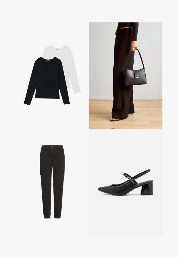 To lange ermer t-skjorter, en svart og en hvit, begge med firkantet utringning og laget av mykt, elastisk stoff.; Sorte cargo-bukser laget av lett materiale, med elastisk liv, sidelommer, og en avslappet passform.; Sorte lakk lær slingback hæler med spiss tå, et avrundet utskjæringsdesign og blokkheel. Har en gulltone spenne som detalj.; Svart håndveske med strukturert form, jevn tekstur og metallisk lås. Kombinert med brede svarte bukser og sandaler med åpen tå på tregulv.