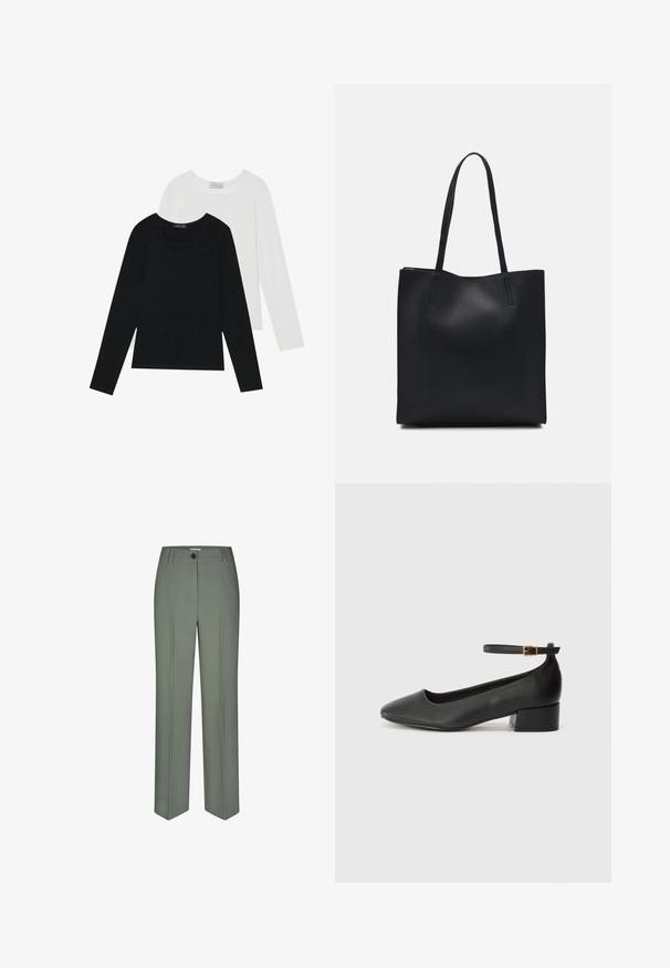 Två långärmade toppar, en svart och en vit, båda med fyrkantig halsringning och tillverkade av mjukt, stretchigt tyg.; Skräddarsydda gröna byxor i ett mjukt tyg, med rak bendesign, framfickor och en enda knappstängning.; Svart läderpump med spetsig tå och en låg klack. Har en ankelsnodd med en guldtonad spänne. Slät textur.; Svart lädertoffelväska med slät textur, rektangulär form och två långa handtag. Ingen synlig hårdvara eller dekorationer.