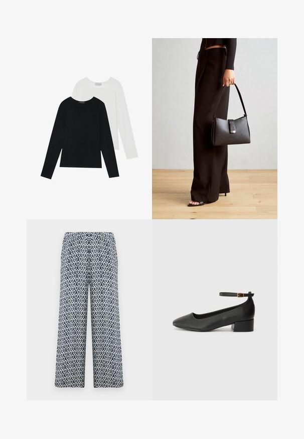 Due magliette a maniche lunghe, una nera e una bianca, entrambe con scollo quadrato e realizzate in un tessuto morbido e elasticizzato.; Pantaloni a gamba larga stampati con un elastico in vita. Presentano un motivo geometrico blu navy e bianco su un tessuto leggero.; Pump in pelle nera con punta affusolata e tacco basso a blocco. Presenta una cinghia alla caviglia con una fibbia in tonalità oro. Texture liscia.; Borsa nera con forma strutturata, texture liscia e una chiusura metallica. Abbinata a pantaloni neri larghi e sandali open-toe su un pavimento in legno.