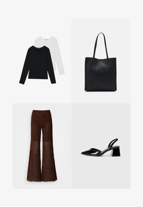 Kaksi pitkähihainen paitaa, yksi musta ja yksi valkoinen, molemmat neliönmallisella kaula-aukolla ja pehmeästä, joustavasta kankaasta valmistettu.; Ruskean virkatut kapeat housut pitsimäisellä kuviolla, joissa on teksturoidut pinnat ja leveät lahkeet, suunniteltu löysäksi istuvuudeksi.; Mustat patentoitu nahkakengät, joissa on säären takaosa ja terävä kärki, sekä geometrinen palikkakorko. Sisältää tyylikkään, minimalistisen muotoilun ja sileän pinnan.; Mustapahkainen kangaskassi, jossa on sileä pinta, suorakaiteen muotoinen ja kaksi pitkää kahvaa. Ei näkyvää metalliosaa tai koristeita.
