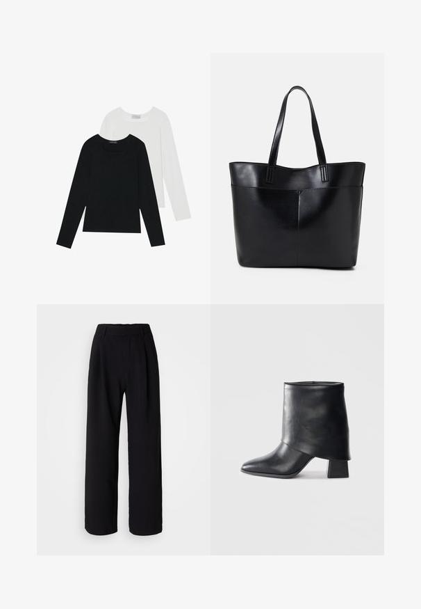 Divi ilgiem piedurknēm tops, viens melns un otrs balts, abiem ir kvadrāta izgriezums un tie ir izgatavoti no mīksta, elastīga auduma.; Melnas plaša kāju bikses, izgatavotas no gludas auduma. Tām ir pieguļoša josta un priekšējie krokas, lai pievienotu apjomu. Veidots dizains.; Melnas ādas potītes zābaki ar norādītu purngalu, gludu tekstūru un strukturētu blokveida papēdi. Iezīmē augstu, salocītu apkakles dizainu.; Melnas ādas iepirkumu soma ar divām garām rokturām, gludu tekstūru un strukturētu formu. Iekļauj priekšējo kabatu papildu uzglabāšanai.