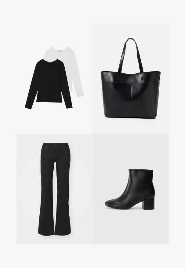 Due magliette a maniche lunghe, una nera e una bianca, entrambe con scollo quadrato e realizzate in un tessuto morbido e elasticizzato.; Pantaloni neri a zampa d'elefante realizzati in cotone con chiusura zip e due bottoni, dotati di tasche frontali e una texture liscia. Design semplice e versatile.; Stivali neri in pelle fino alla caviglia con punta appuntita e tacco spesso. Texture liscia con minimi dettagli e un design elegante e aderente.; Borsa a tracolla in pelle nera con due manici lunghi, una texture liscia e una forma strutturata. Presenta una tasca frontale per ulteriore spazio di archiviazione.