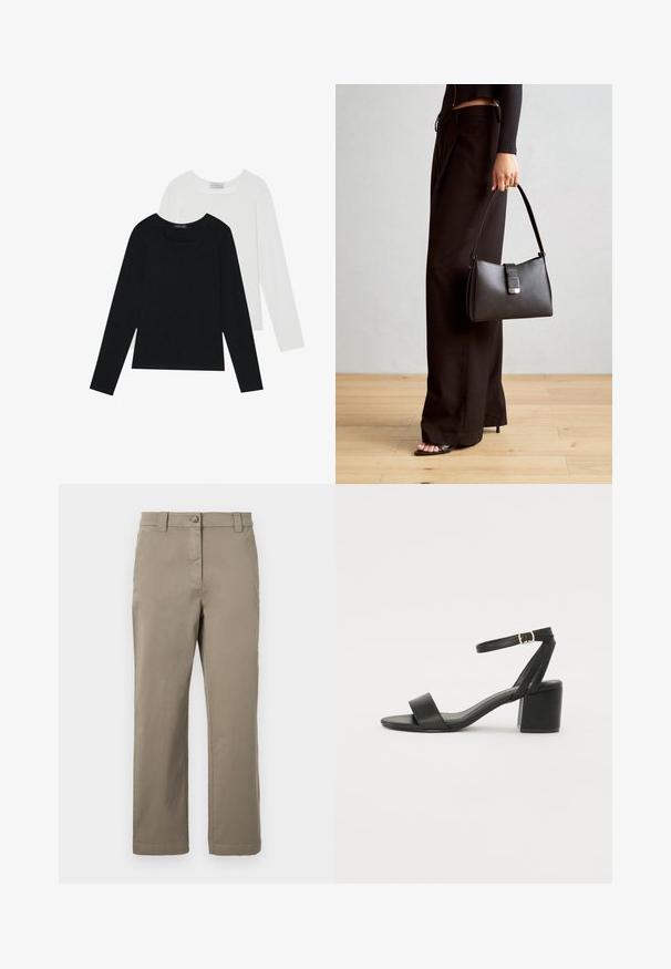 Zwei Langarmoberteile, eines schwarz und eines weiß, beide mit einem quadratischen Ausschnitt und aus weichem, dehnbarem Stoff.; Khakifarbene Baumwoll-Chinos mit geradem Bein, ausgestattet mit einem vorderen Knopf, seitlichen Taschen und einer glatten Textur. Keine sichtbaren Muster oder Akzente.; Schwarze High Heels Sandalen mit einem glatten Lederoberteil, offener Zehenpartie, breiten Vorderstraps und verstellbarem Knöchelriemen mit einem goldenen Schnallen-Detail.; Schwarze Handtasche mit strukturierter Form, glatter Textur und einem metallischen Verschluss. Kombiniert mit weiten schwarzen Hosen und offenen Sandalen auf einem Holzboden.