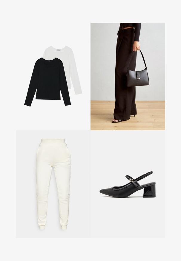 Two long-sleeve tops, one black and one white, both featuring a square neckline and made from soft, stretchy fabric.; Guess STACIE JOGGER - Tracksuit bottoms - dove white; Black patent leather slingback heels with a pointed toe, a rounded cutout design, and a block heel. Features a gold-tone buckle accent.; Black handbag with structured shape, smooth texture, and a metallic clasp. Paired with wide black pants and open-toe sandals on wooden floor.