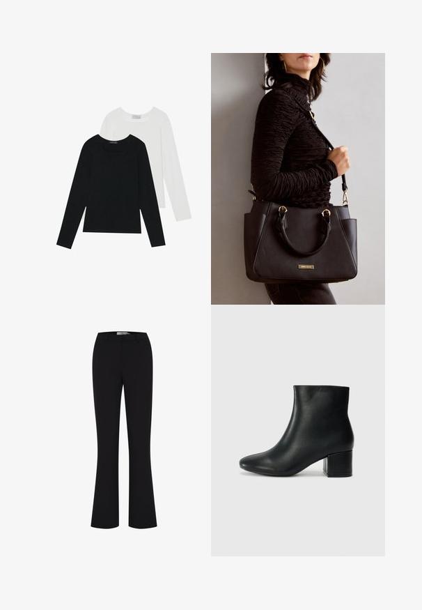 To lange ermer t-skjorter, en svart og en hvit, begge med firkantet utringning og laget av mykt, elastisk stoff.; Sorte flagrende bukser laget av et glatt stoff, med en tettsittende linning og et rent frontdesign uten lommer.; Sorte skinn ankelsko med spiss tå og chunky hæl. Glatt tekstur med minimale detaljer og et elegant, tettsittende design.; Svart håndveske med teksturert overflate, doble topphåndtak og justerbar skulderrem. Har detaljer i gulltone og sidelommer.
