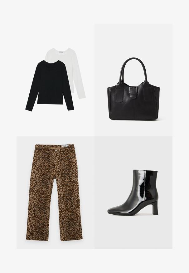 Two long-sleeve tops, one black and one white, both featuring a square neckline and made from soft, stretchy fabric.; Leopard print pants featuring a brown and black pattern, straight-leg design, and classic five-pocket styling. Made from cotton blend fabric.; Black patent leather ankle boot with a pointed toe and a mid-height block heel. Smooth texture and minimalist design.; Black leather tote bag with smooth texture, structured shape, two handles, and a prominent silver buckle detail on the front.