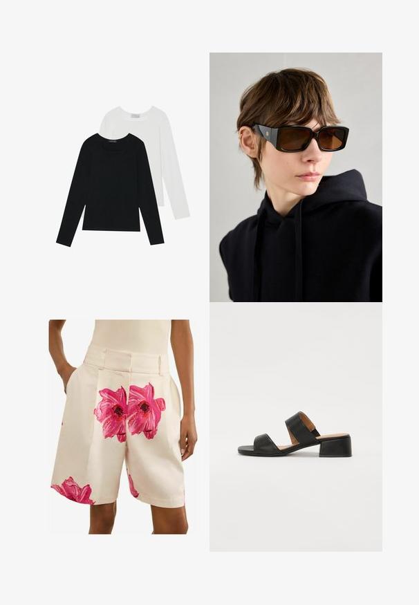 Kaksi pitkähihainen paitaa, yksi musta ja yksi valkoinen, molemmat neliönmallisella kaula-aukolla ja pehmeästä, joustavasta kankaasta valmistettu.; Next PETITE - FLORAL TAILORED  - Shortsit - ecru pink; Mustat nahka-sandaalit, joissa on kaksi leveää remmiä jalan yli, neliön muotoinen kärki ja matala lohko korko. Sujuva pinta ja minimalismi.; Mustat ylipitkät aurinkolasit kiiltävällä pinnalla, suorakulmainen muoto, ruskeat sävytetyt linssit ja kultainen logo yksityiskohta temppeleissä.