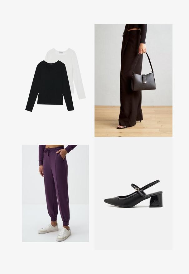 Twee shirts met lange mouwen, één zwart en één wit, beide met een vierkante halslijn en gemaakt van zacht, rekbaar materiaal.; Paarse sweatpants met elastische tailleband en boorden, met twee zijzakken en een gladde textuur. Gecombineerd met witte sneakers.; Zwarte gepolijste leren slingback hakken met een spitse neus, een ronde uitsnede en een blokhak. Voorzien van een gouden gespaccent.; Zwarte handtas met gestructureerde vorm, gladde textuur en een metalen sluiting. Gecombineerd met brede zwarte broeken en sandalen met open teen op een houten vloer.