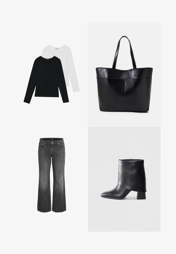 Divi ilgiem piedurknēm tops, viens melns un otrs balts, abiem ir kvadrāta izgriezums un tie ir izgatavoti no mīksta, elastīga auduma.; Melnās džinsu bikses ar plata kāju dizainu, ar pogu un rāvējslēdzēja aizdari, piecām kabatām un maigu izbalēšanu uz auduma.; Melnas ādas potītes zābaki ar norādītu purngalu, gludu tekstūru un strukturētu blokveida papēdi. Iezīmē augstu, salocītu apkakles dizainu.; Melnas ādas iepirkumu soma ar divām garām rokturām, gludu tekstūru un strukturētu formu. Iekļauj priekšējo kabatu papildu uzglabāšanai.