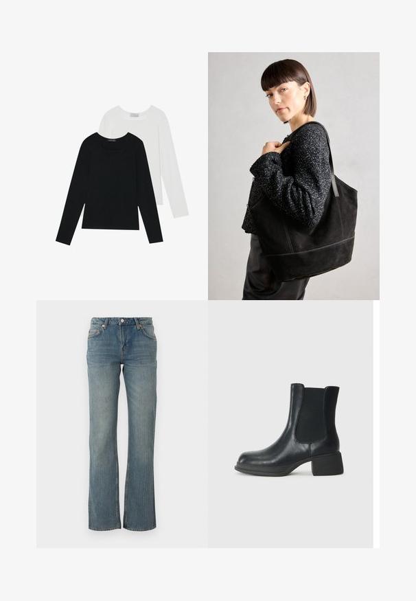 Dos camisetas de manga larga, una negra y otra blanca, ambas con escote cuadrado y confeccionadas en un tejido suave y elástico.; Los pantalones vaqueros de denim azul claro presentan un corte recto, un diseño de cinco bolsillos y detalles de metal en color cobre. La tela tiene un acabado ligeramente texturizado.; Botín de cuero negro con paneles laterales elásticos, punta redondeada y un tacón bajo tipo bloque. La superficie tiene una textura suave y un diseño minimalista.; Bolso tote de ante negro con una textura suave, forma estructurada y costuras en contraste. Presenta asas largas para llevar en el hombro.