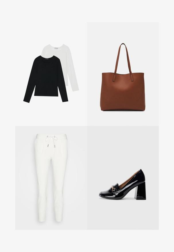 Two long-sleeve tops, one black and one white, both featuring a square neckline and made from soft, stretchy fabric.; White sweatpants made of soft fabric, featuring a drawstring waist, two side pockets, and a tapered fit with no visible patterns or accents.; Black patent leather high-heeled shoe with a pointed toe and block heel. Features a decorative strap and buckle detail on the vamp.; Brown leather tote bag with a smooth texture, open top design, and two shoulder straps. Features minimal stitching and no visible hardware.