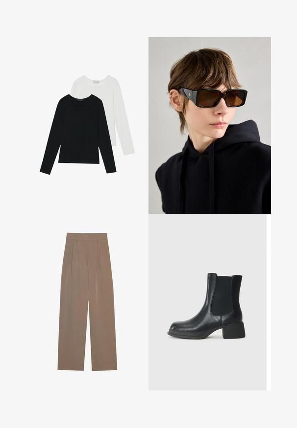 Dva dolga rokava, en črn in en bel, oba z kvadratnim izrezom in narejena iz mehkega, raztegljivega materiala.; Rjave nabirane hlače širokega kroja, z ravnim pasom in stranskimi žepi, izdelane iz lahkotnega blaga.; Črne usnjene gležnjarje z elastičnimi stranskimi paneli, okroglim prstom in nizko blokasto peto. Površina ima gladko teksturo in minimalne detajle.; Črne velikanske sončne očala z lesketajočo površino, pravokotne oblike, rjavi zasenčeni leči in zlatim logotipom na krakih.