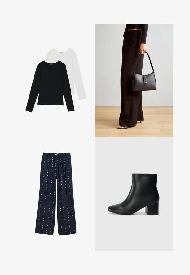 Deux tops à manches longues, un noir et un blanc, tous deux avec un décolleté carré et fabriqués en tissu doux et extensible.; Pantalons larges bleu marine avec une taille à cordon, présentant une texture lisse et un motif de pois blancs disposés verticalement.; Bottines en cuir noir avec un bout pointu et un talon épais. Texture lisse avec des accents minimalistes et un design élégant et ajusté.; Sac à main noir à la forme structurée, texture lisse et fermoir métallique. Associé à un pantalon noir ample et des sandales ouvertes sur un sol en bois.