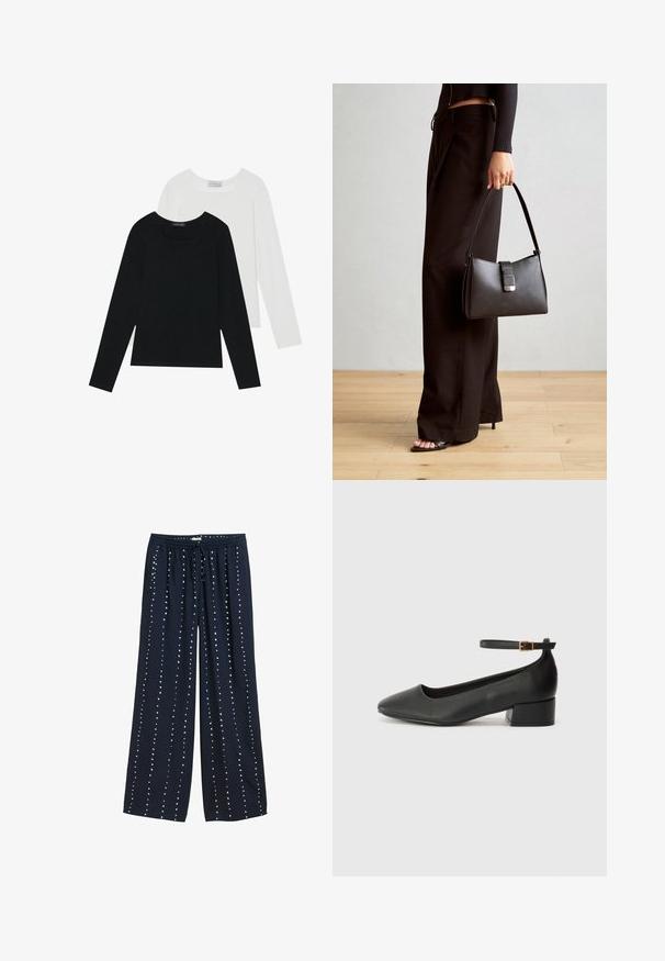 Due magliette a maniche lunghe, una nera e una bianca, entrambe con scollo quadrato e realizzate in un tessuto morbido e elasticizzato.; Pantaloni a gamba larga navy con vita regolabile con coulisse, caratterizzati da una texture liscia e da un motivo a pois bianchi disposti verticalmente.; Pump in pelle nera con punta affusolata e tacco basso a blocco. Presenta una cinghia alla caviglia con una fibbia in tonalità oro. Texture liscia.; Borsa nera con forma strutturata, texture liscia e una chiusura metallica. Abbinata a pantaloni neri larghi e sandali open-toe su un pavimento in legno.