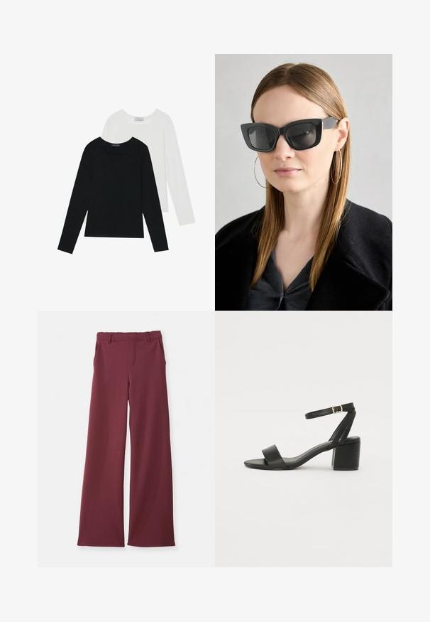 Zwei Langarmoberteile, eines schwarz und eines weiß, beide mit einem quadratischen Ausschnitt und aus weichem, dehnbarem Stoff.; Weite Hosen in tiefem Burgunderrot mit seitlichen Taschen, Gürtelschlaufen und einer vorderen Naht, flach auf einem weißen Hintergrund ausgelegt.; Schwarze High Heels Sandalen mit einem glatten Lederoberteil, offener Zehenpartie, breiten Vorderstraps und verstellbarem Knöchelriemen mit einem goldenen Schnallen-Detail.; Schwarze Katzenaugen-Sonnenbrille mit dunklen Gläsern, dicken Rahmen und subtilen Akzenten. Getragen mit einem schwarzen Mantel und einem grauen Oberteil, dazu lange, glatte Haare.
