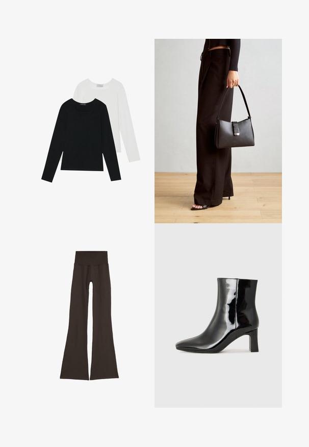 Dva dugo rukava, jedan crni i jedan bijeli, oba s kvadratnim izrezom i izrađeni od mekane, rastezljive tkanine.; Tamno smeđe široke tajice s rebrastim pojasom. Izrađene od mekog, rastezljivog materijala, s besprijekornim dizajnom i bez vidljivih dodataka.; Crne lakirane kožne gležnjače s šiljastim prstom i srednje visokom blok petom. Glatka tekstura i minimalistički dizajn.; Crna torba s oblikom koji sadrži strukturu, glađu teksturu i metalnu kopču. Uparena s širokim crnim hlačama i sandalama na otvorenom s drvenog poda.