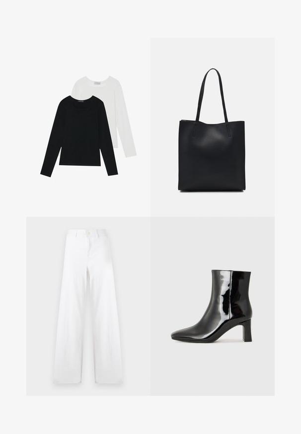 Two long-sleeve tops, one black and one white, both featuring a square neckline and made from soft, stretchy fabric.; White wide-leg pants made of cotton, featuring a button closure and clean lines. The fabric has a soft texture with a smooth finish.; Black patent leather ankle boot with a pointed toe and a mid-height block heel. Smooth texture and minimalist design.; Black leather tote bag with smooth texture, rectangular shape, and two long handles. No visible hardware or embellishments.