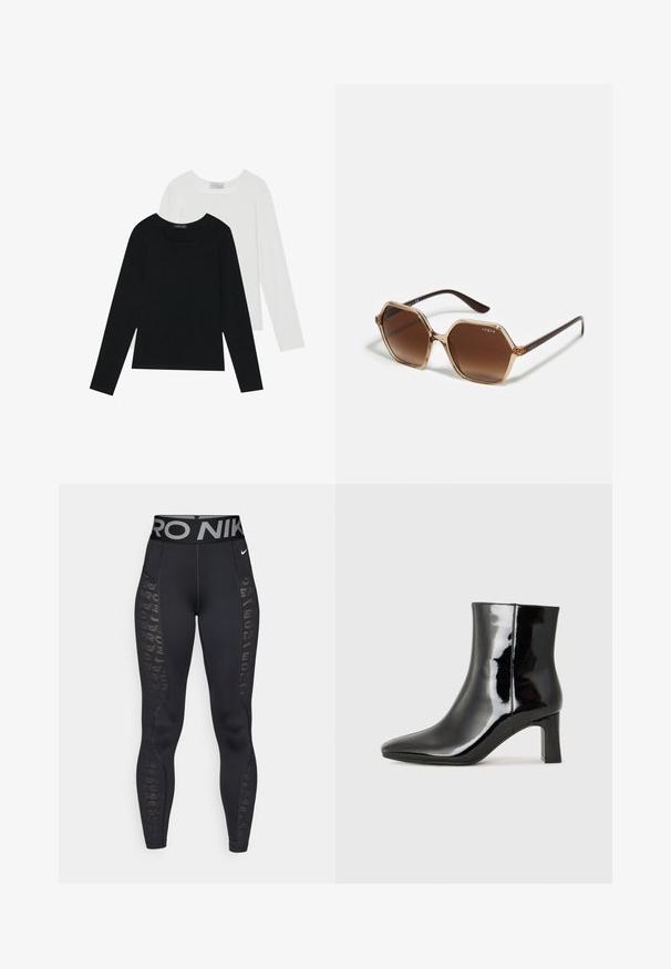 Dva dolga rokava, en črn in en bel, oba z kvadratnim izrezom in narejena iz mehkega, raztegljivega materiala.; Črne športne legice s širokim sivo pasom, na katerem je napis "PRO NIKE". Stranski paneli imajo polprosojen geometrijski vzorec.; Črne lakirane gležnjarje z ošiljenim nosom in srednje visokim blokastim peto. Gladka tekstura in minimalističen dizajn.; Heksagonalne sončne očala z rjavimi gradientnimi lečami, prosojnim bež okvirom in temno rjavimi ročaji. Na strani je blagovna znamka "vogue".; Črna torbica z strukturirano obliko, gladko teksturo in kovinskim zaponko. Ujemajo se z širokimi črnimi hlačami in odprtimi sandali na lesenem tleh.
