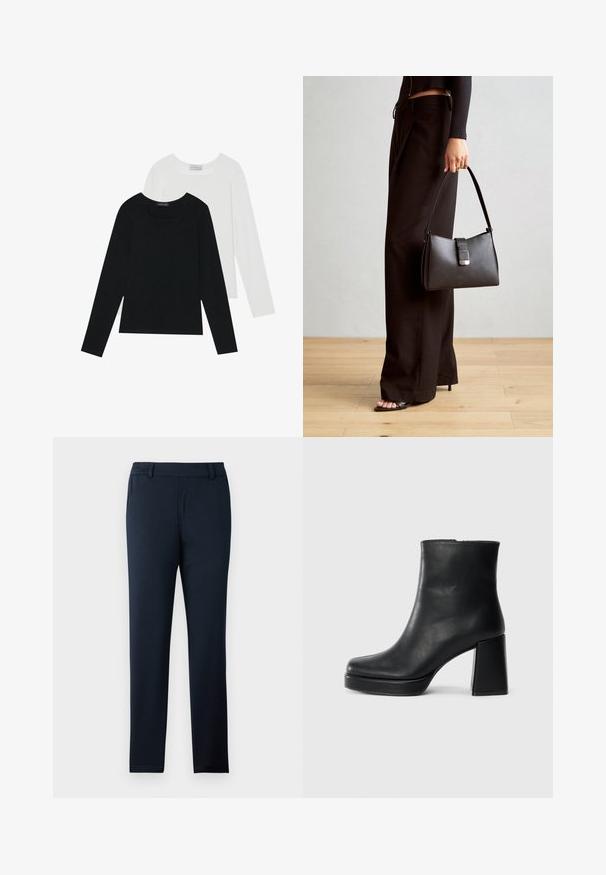 Δύο μπλούζες με μακρύ μανίκι, μία μαύρη και μία άσπρη, και οι δύο με τετράγωνη λαιμόκοψη και φτιαγμένες από μαλακό, ελαστικό ύφασμα.; Σκούρο μπλε παντελόνι φτιαγμένο από απαλή, ελαστική ύφανση. Διαθέτει επίπεδο μέρος μπροστά, θηλιές ζώνης και λεπτό, κομμένο στα πόδια σχέδιο.; Μαύρη δερμάτινη μποτάκι στον αστράγαλο με τετράγωνο τακούνι και πλατφόρμα, απεικονισμένο από το πλάι σε λευκό φόντο.; Μαύρη τσάντα χειρός με δομημένο σχήμα, λεία υφή και μεταλλικό κούμπωμα. Συνδυασμένη με φαρδιά μαύρα παντελόνια και σανδάλια ανοιχτής μύτης πάνω σε ξύλινο πάτωμα.