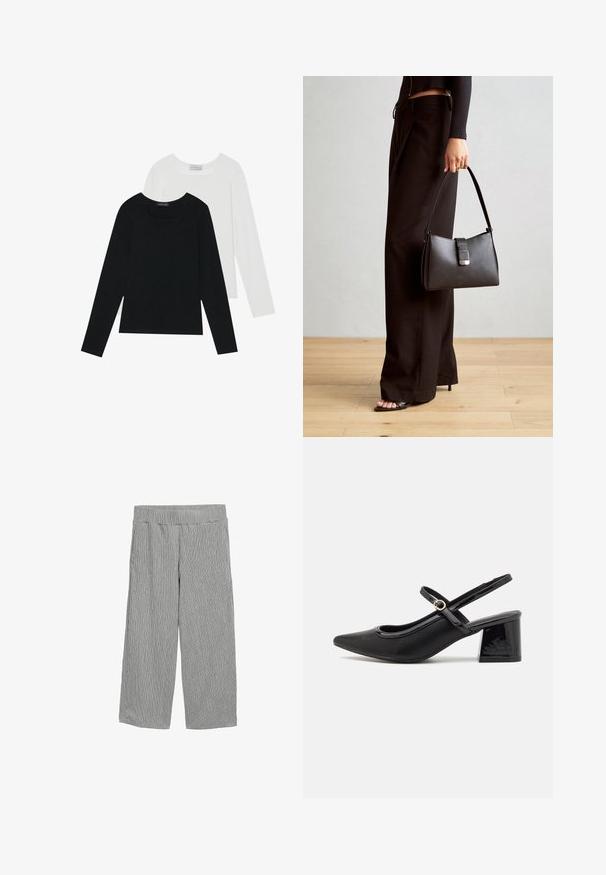 Kaks pikka varrukatoppi, üks must ja teine valge, mõlemad ruudukujulise kaelusega ja valmistatud pehmest, venivast kangast.; Kerged, hallid püksid, millel on vertikaalne triibuline muster, laiad sääred, elastne vöökoht ja nähtamatud taskud.; Mustad läikivad nahast slingback-kõrged kontsad, millel on terav nina, ümar lõikekujundus ja blokknina. Omab kuldset nupu aktsenti.; Must musta kott, millel on struktureeritud kuju, sile tekstuur ja metallist klamber. Kombineeritud laiate mustade pükstega ja avatud varvaste sandaalidega puidust põrandal.