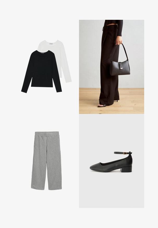 Dva dolga rokava, en črn in en bel, oba z kvadratnim izrezom in narejena iz mehkega, raztegljivega materiala.; Lahki, sivi hlače z navpičnim trakastim vzorcem, širokega kroja, elastičnim pasom in brez vidnih žepov.; Črne usnjene pumpice z nazobčanimi prsti in nizko blokasto peto. Imajo trak okoli gležnja z zaponko v zlatem tonu. Gladka tekstura.; Črna torbica z strukturirano obliko, gladko teksturo in kovinskim zaponko. Ujemajo se z širokimi črnimi hlačami in odprtimi sandali na lesenem tleh.