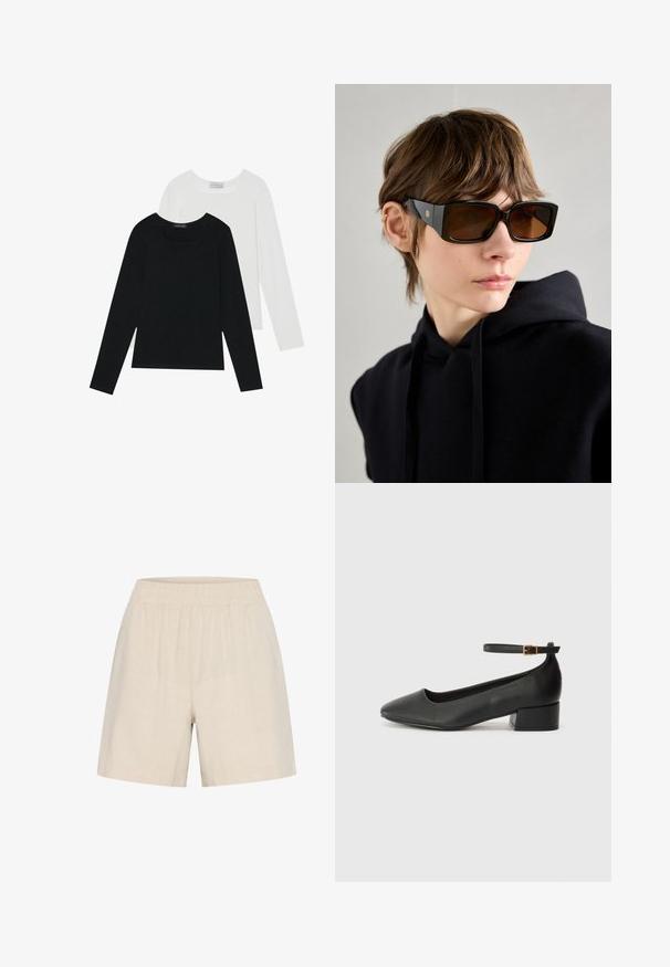 Dvě dlouhé rukávy, jedna černá a jedna bílá, obě s čtvercovým výstřihem a vyrobené z měkké a elastické látky.; Béžové lněné šortky s elastickým pasem, volný střih a hladká textura, navržené pro pohodlí a prodyšnost.; Černé kožené lodičky s špičatou špičkou a nízkým blokovým podpatkem. Obsahují pásek kolem kotníku se zlatou sponou. Hladký povrch.; Černé oversized sluneční brýle s lesklým povrchem, obdélníkovým tvarem, hnědými skleněnými čočkami a zlatým logem na stranách.; Černá kabelka se strukturovaným tvarem, hladkým povrchem a kovovým uzávěrem. Kombinována s širokými černými kalhotami a sandály s otevřenou špičkou na dřevěné podlaze.
