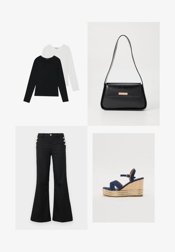 To lange ermer t-skjorter, en svart og en hvit, begge med firkantet utringning og laget av mykt, elastisk stoff.; Sorte flagrende bukser laget av bomull, med gullknapper på hoftene. Glatt tekstur med en tettsittende midje og vide ben.; Marineblå kilehæl sandal med kryssende stropper, en teksturert plattform av naturlig fiber og en gullmetallisk detalj på bunnen.; Svart lærveske med en strukturert, triangulær form, tynn stropp og detaljer i gulltone som har en logo-plakett på den fremre klaffen.