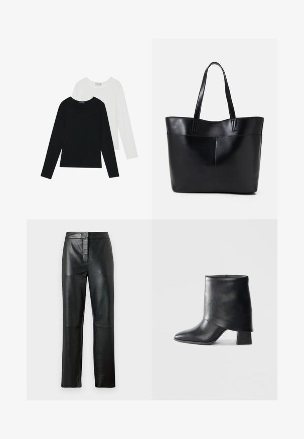 Kaks pikka varrukatoppi, üks must ja teine valge, mõlemad ruudukujulise kaelusega ja valmistatud pehmest, venivast kangast.; Mustad nahkantsid sileda tekstuuriga, sirge jala disainiga, esise nupuga kinnituse ja minimaalsete õmbluste detailidega.; Mustad nahast pahkluuring, millel on terav varvas, sile tekstuur ja struktureeritud plokknakk. Omab kõrget, volditud suud.; Must mustaga musta nahast, millel on kaks pikka kanda, sile tekstuur ja struktureeritud kuju. Esipoolsel on lisakoti jaoks tasku.