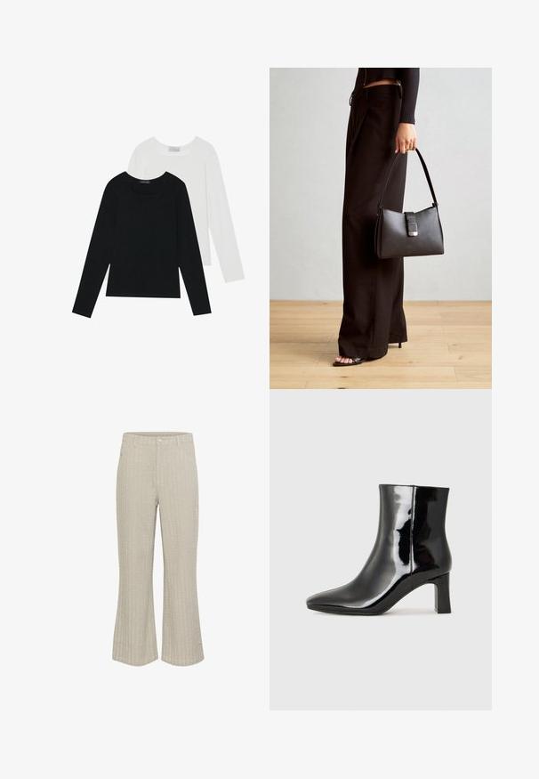 Divi ilgiem piedurknēm tops, viens melns un otrs balts, abiem ir kvadrāta izgriezums un tie ir izgatavoti no mīksta, elastīga auduma.; Bēša izplestieši ar teksturētu ribu modeli, ar priekšējo pogu aizdari un kabatām. Audums izskatās mīksts ar nelielu spīdumu.; Melnas patentētas ādas potīšu zābaki ar norādītu pirkstu un vidēja augstuma kvadrātveida papēdi. Gluda tekstūra un minimālisma dizains.; Melnā somiņa ar strukturētu formu, gludu tekstūru un metālu sprādzi. Saskaņota ar platām melnām biksēm un sandālēm ar atvērtu purngalu uz koka grīdas.