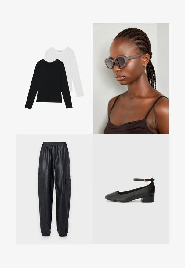 Două bluze cu mânecă lungă, una neagră și una albă, ambele având un guler pătrat și fiind confecționate dintr-un material moale și elastic.; Pantaloni cargo negri din material sintetic lucios, cu un talie elastică, manșete tapered și două buzunare laterale cargo.; Pantof cu toc negru din piele, cu vârf ascuțit și toc mic pătrat. Dispune de o curea la gleznă cu o cataramă în tonuri de aur. Textură netedă.; Ochelari de soare supradimensionați gri, cu formă rotundă și lentile închise la culoare. Rame din plastic elegante, cu un finisaj neted. Modelul are părul împletit.