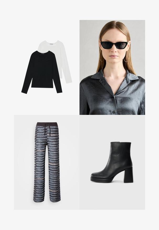 Kaksi pitkähihainen paitaa, yksi musta ja yksi valkoinen, molemmat neliönmallisella kaula-aukolla ja pehmeästä, joustavasta kankaasta valmistettu.; Kevyt, kuvioitu housut, joissa on tumma pohja ja vuorottelevat siniset ja harmaat lehtimuodot, joustava vyötärö ja nyöri.; Musta nahkasaapas nilkkapituisena, jossa on paksu korko ja alustapohja, nähtynä sivulta yksinkertaisella valkoisella taustalla.; Mustat kissankorvat aurinkolasit kiiltävällä pinnalla, käytettynä harmaassa napilliseen paitaan, jossa on kaulus. Suuret renkaat korvakorut ovat näkyvissä.