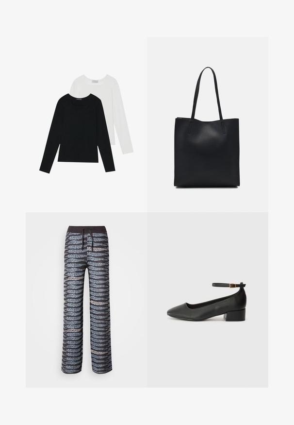 Zwei Langarmoberteile, eines schwarz und eines weiß, beide mit einem quadratischen Ausschnitt und aus weichem, dehnbarem Stoff.; Leichte, gemusterte Hosen mit einem dunklen Grundton und abwechselnd blauen und grauen Blattmotiven, elastischem Bund und Zugband.; Schwarze Lederpumps mit spitzem Zehenbereich und niedrigem Blockabsatz. Mit einem Knöchelriemen und einer goldfarbenen Schnalle. Glatte Textur.; Schwarze Laptoptasche aus Leder mit glatter Textur, rechteckiger Form und zwei langen Griffen. Keine sichtbaren Beschläge oder Verzierungen.