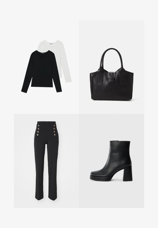 Two long-sleeve tops, one black and one white, both featuring a square neckline and made from soft, stretchy fabric.; High-waisted black trousers with a fitted design, featuring gold-tone buttons on the front, smooth texture, and straight leg cut.; Black leather ankle boot with a block heel and platform sole, viewed from the side on a plain white background.; Black leather tote bag with smooth texture, structured shape, two handles, and a prominent silver buckle detail on the front.